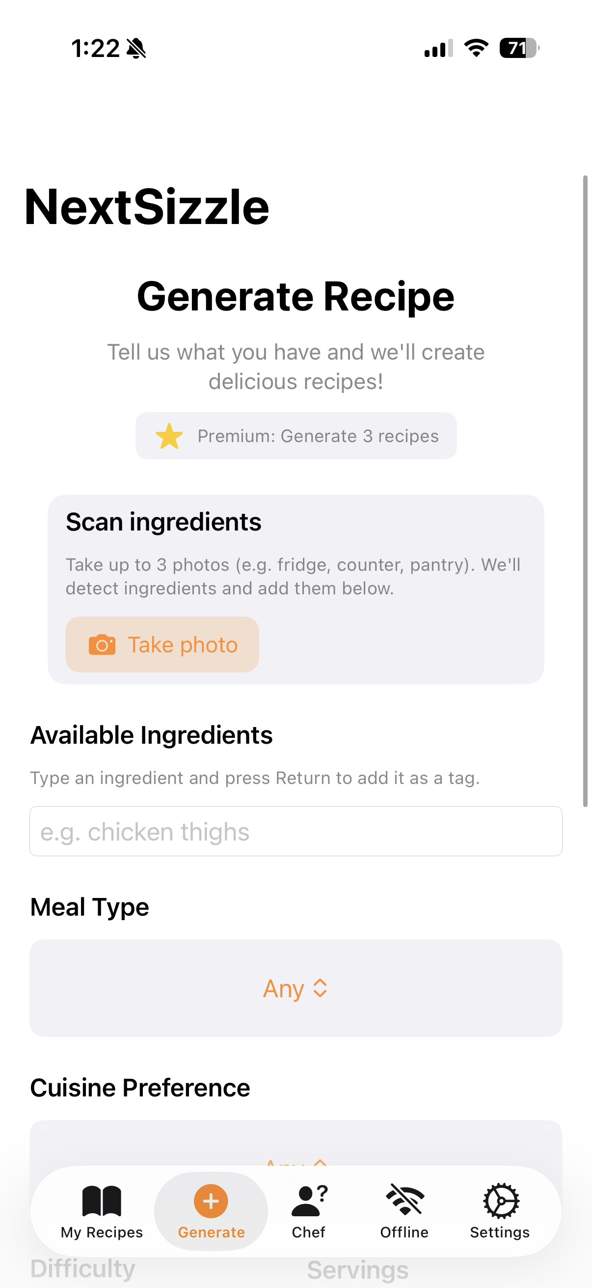 NextSizzle generate screen