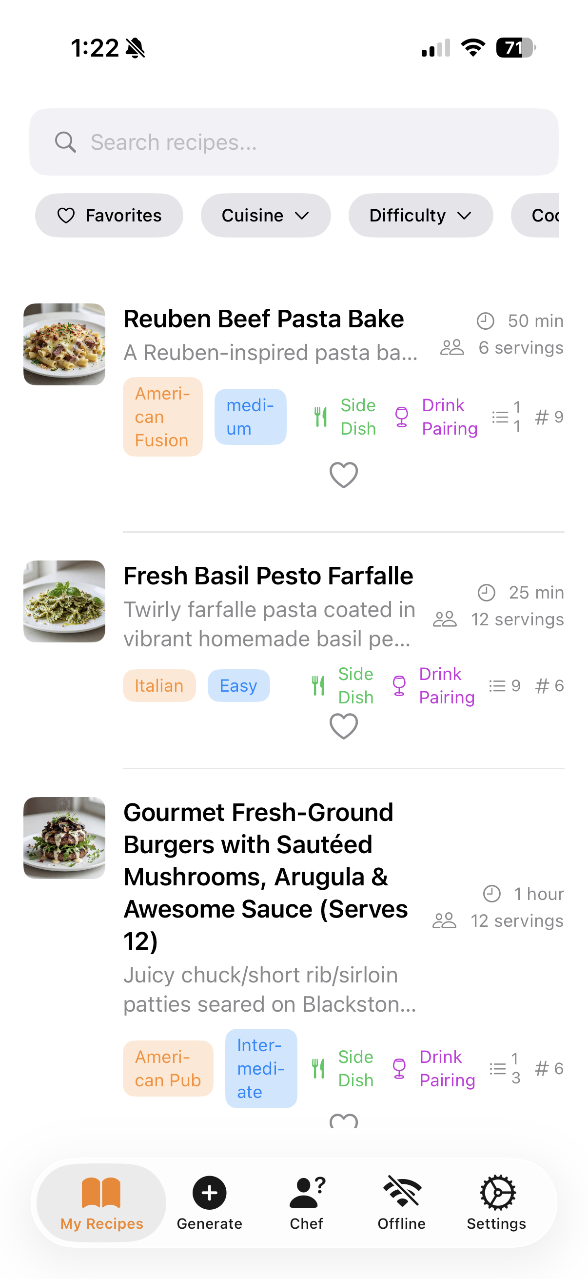 NextSizzle recipe list screen